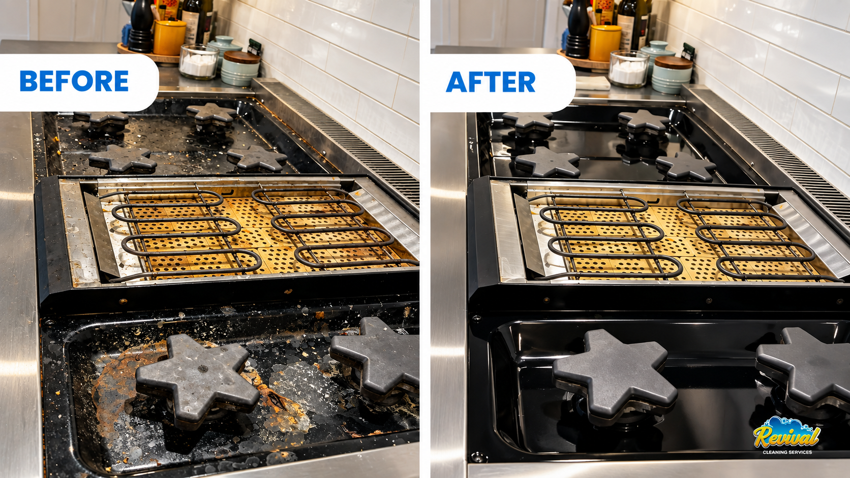 Before and after of a gas cooktop: grease splatter and stains around the burners before, a clean glossy surface after