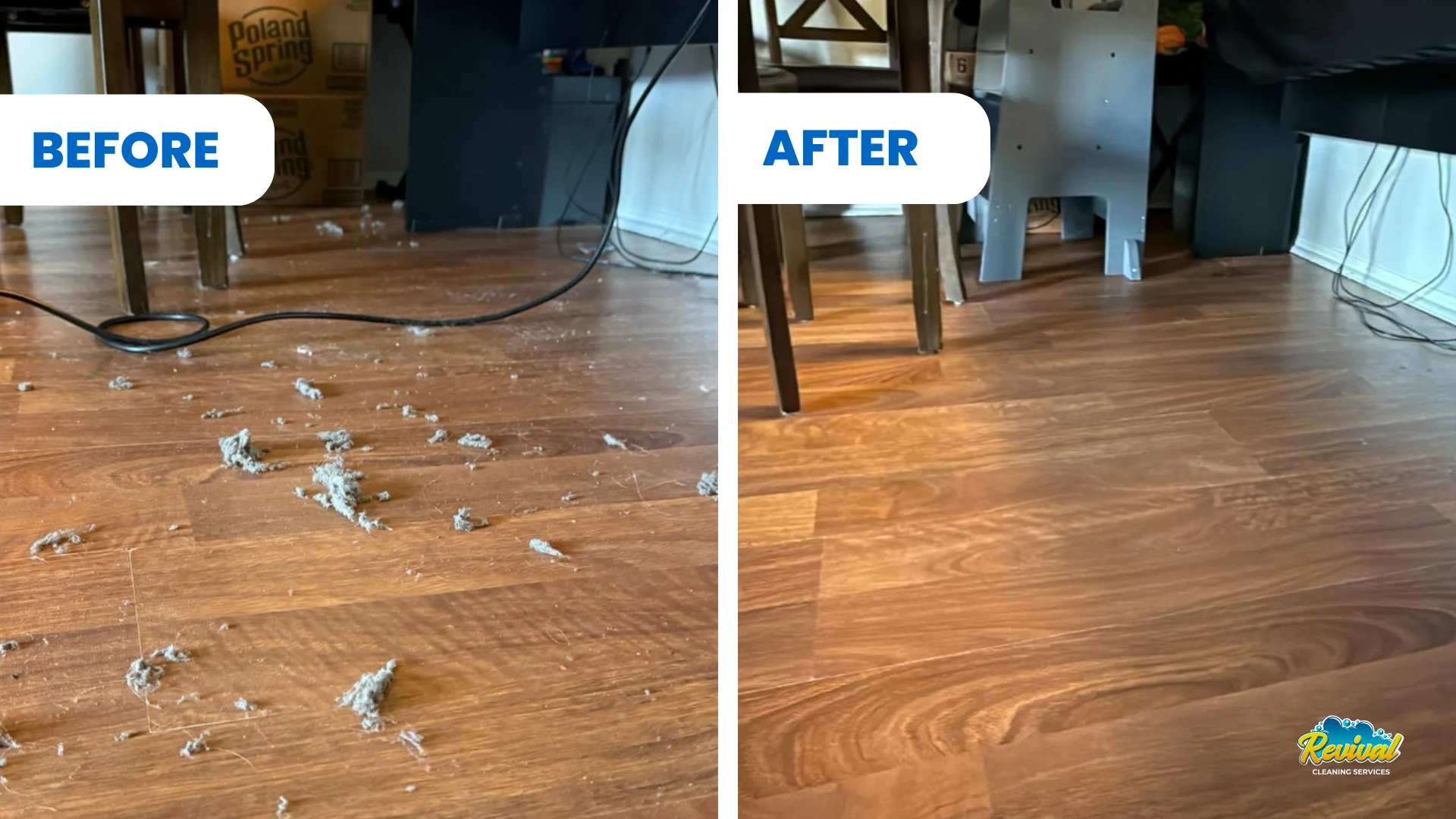 Before and after of a wood-look floor: clumps of dust and lint before, a clean shining floor after