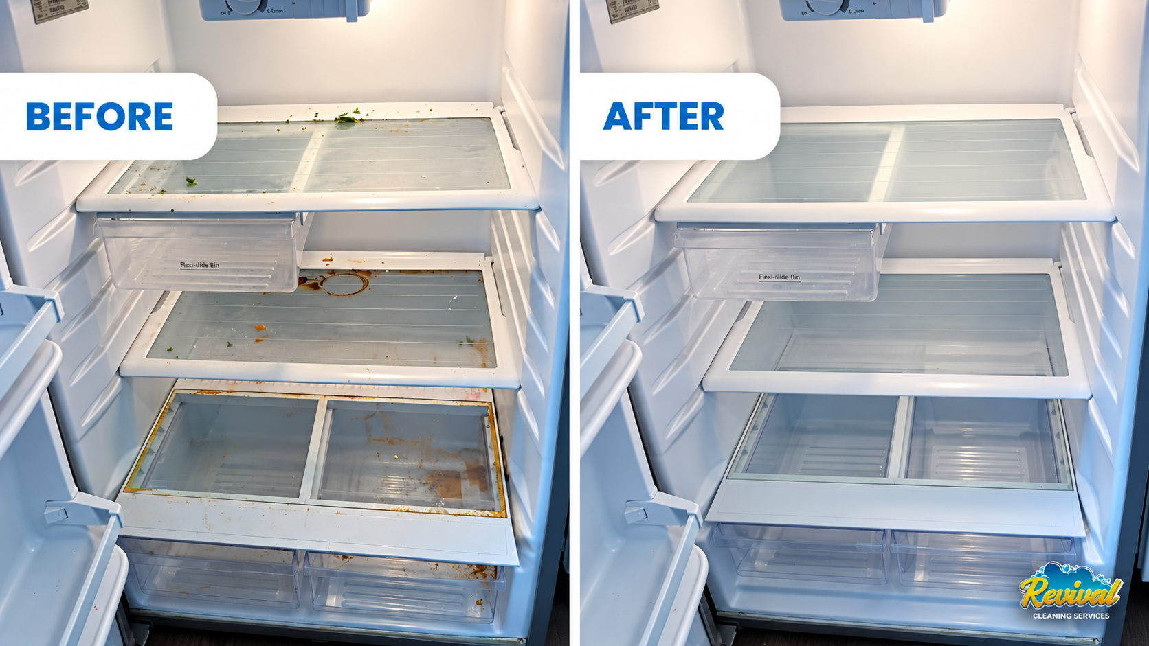 Before and after of an empty refrigerator: food debris and dried spills on the glass shelves and drawer before, clean clear shelves after