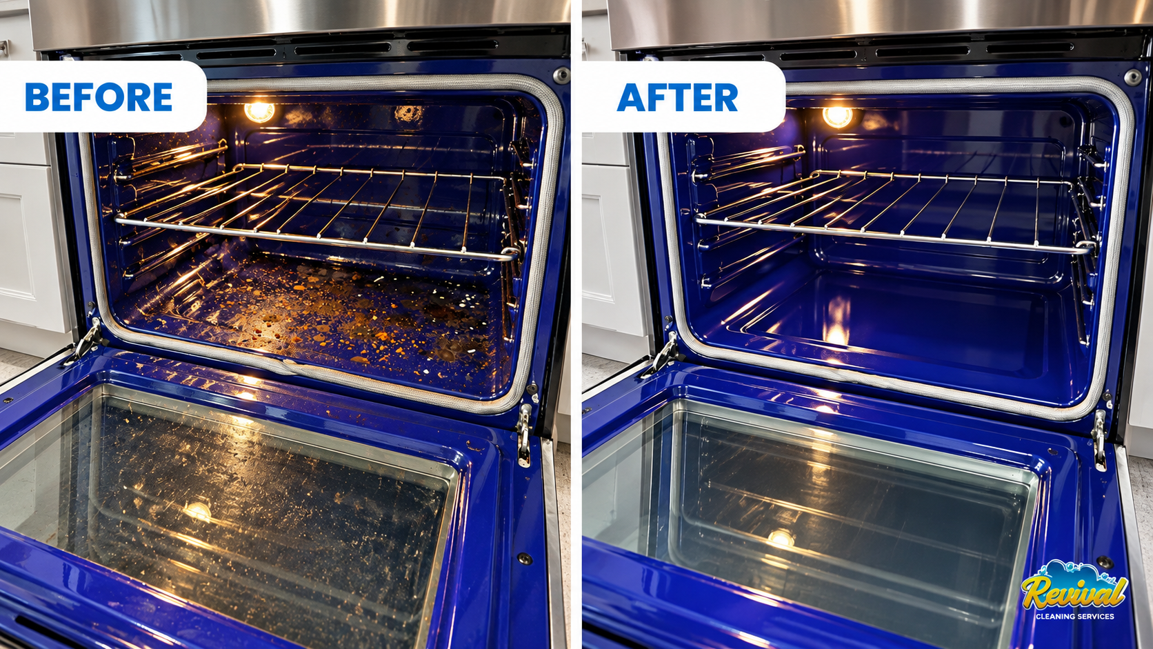 Before and after of an open oven: grease spots and baked-on crumbs on the floor and glass before, a clean shining interior and clear door glass after